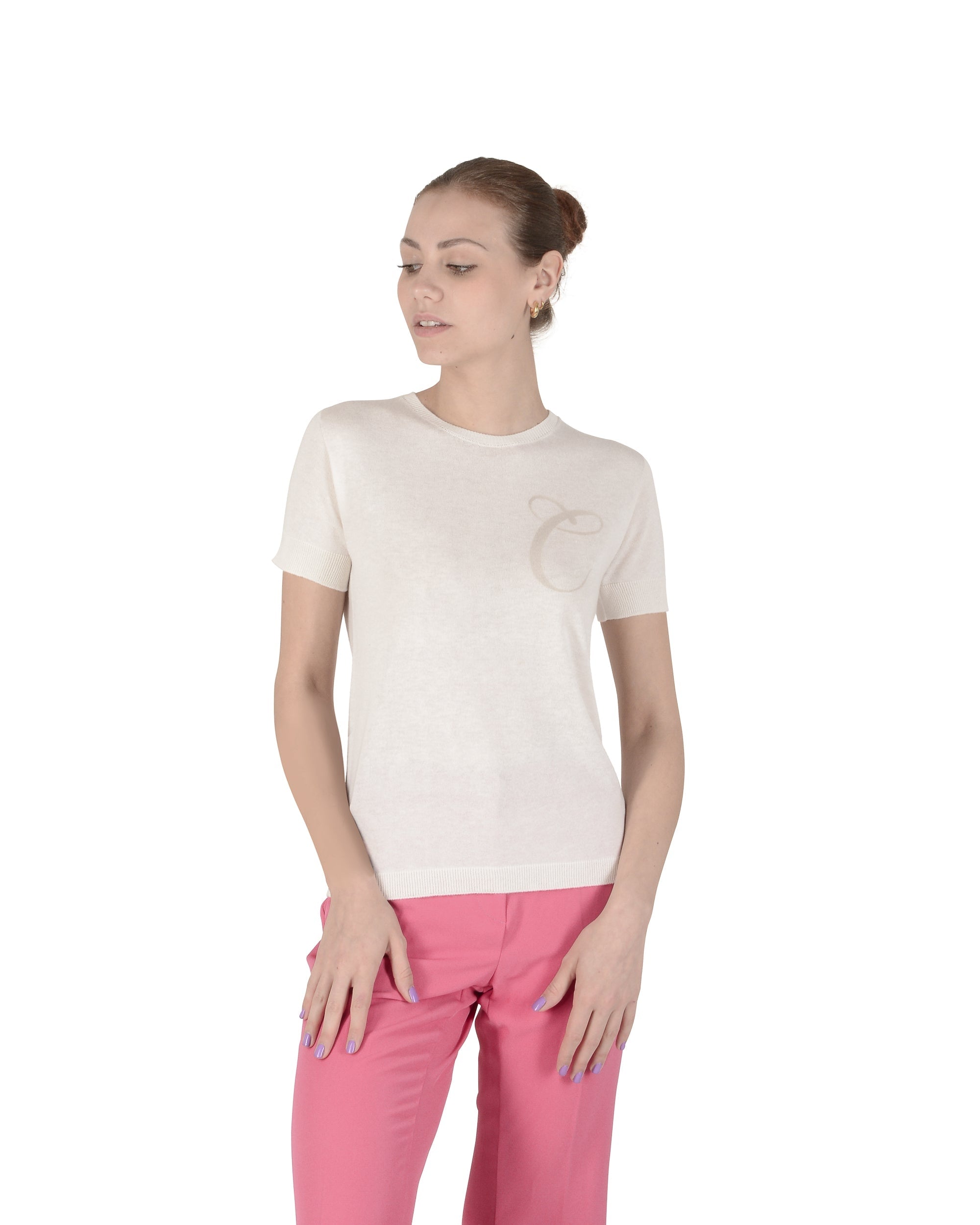 Jersey de cachemira de verano, cuello redondo, manga corta, color marfil