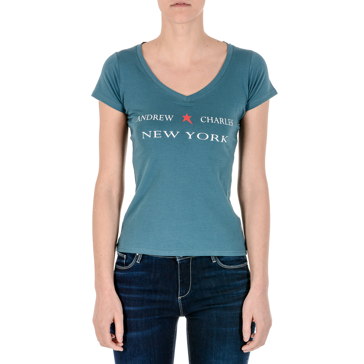 Camiseta Andrew Charles para mujer, manga corta, cuello en V, verde TAPIWA