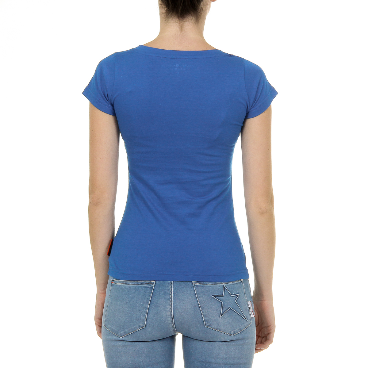 Camiseta Andrew Charles para mujer, manga corta, cuello en V, azul TAPIWA