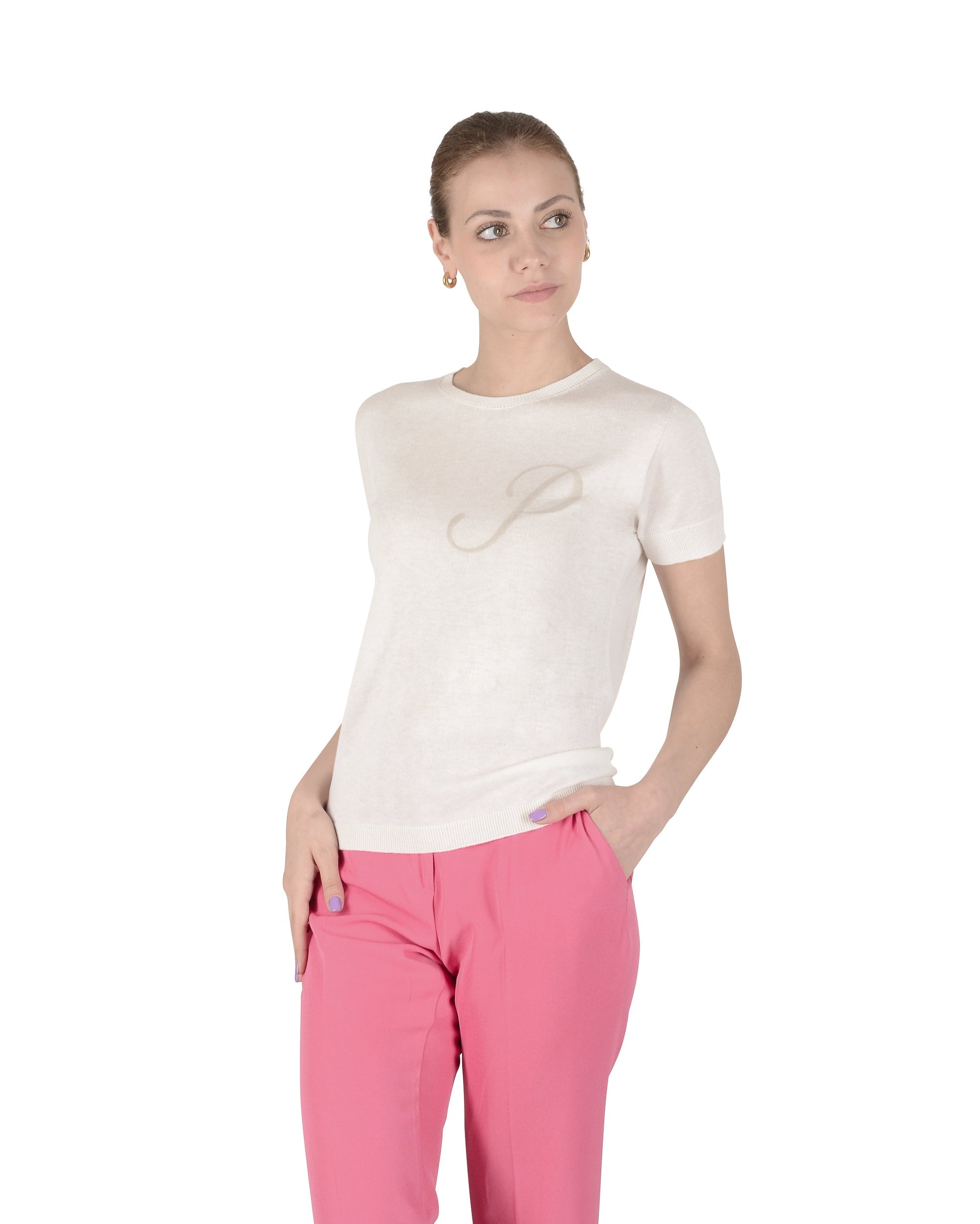 Jersey de cachemira de verano, cuello redondo, manga corta, color marfil