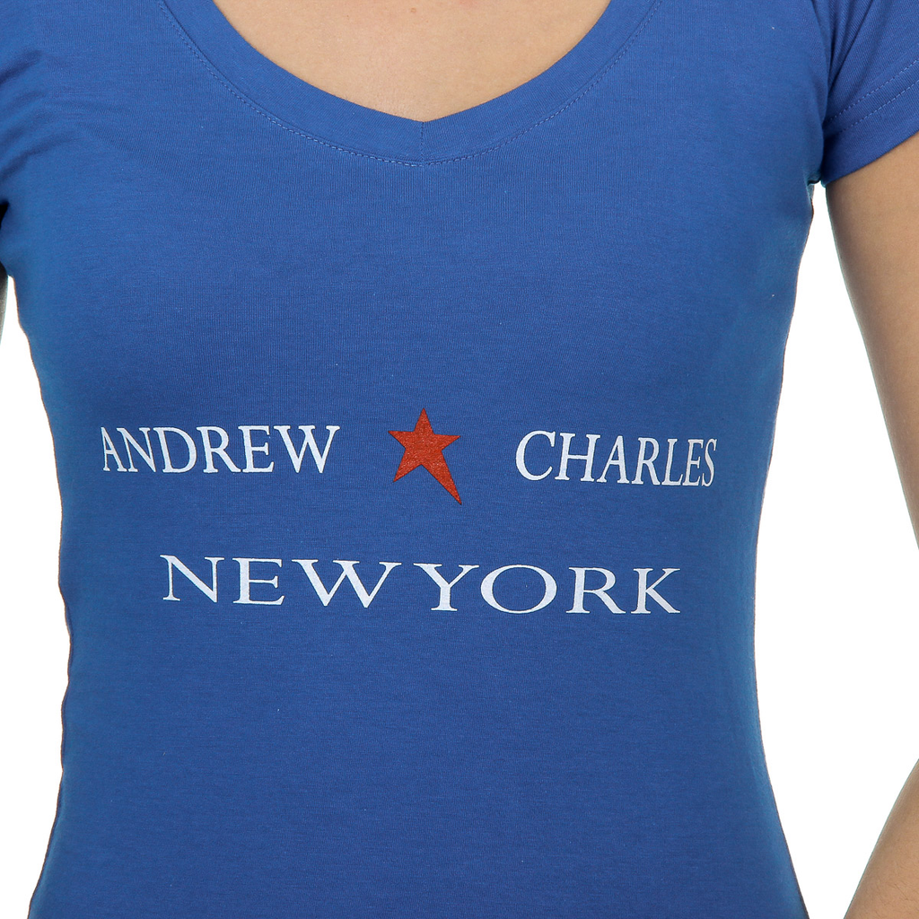 Camiseta Andrew Charles para mujer, manga corta, cuello en V, azul TAPIWA