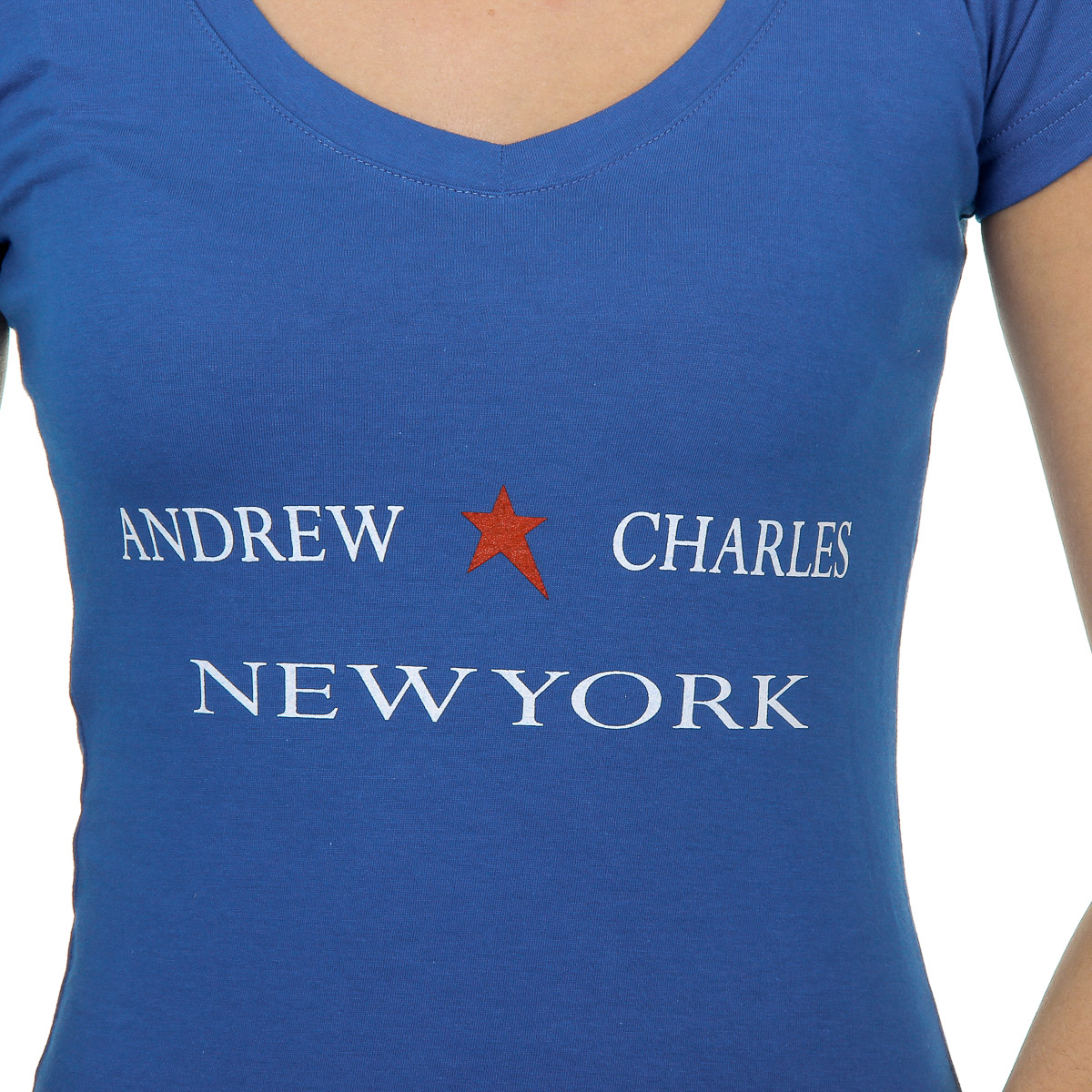 Camiseta Andrew Charles para mujer, manga corta, cuello en V, azul TAPIWA