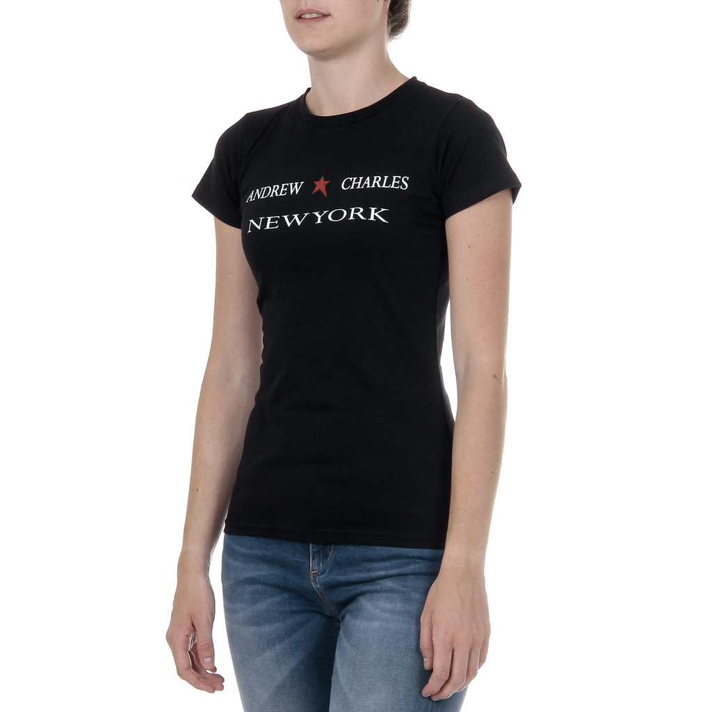 Camiseta Andrew Charles para mujer, manga corta, cuello redondo, color negro TARANA