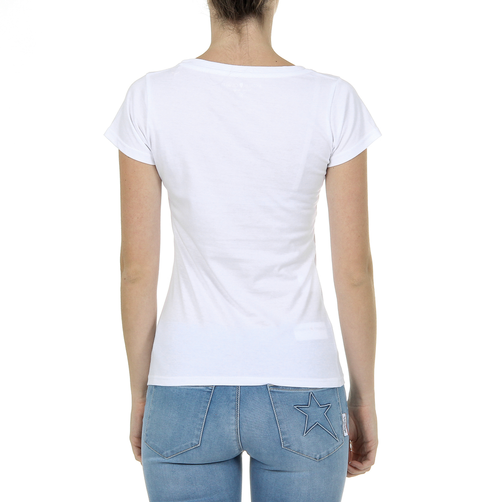 Camiseta Andrew Charles para mujer, manga corta, cuello en V, blanca, TAPIWA