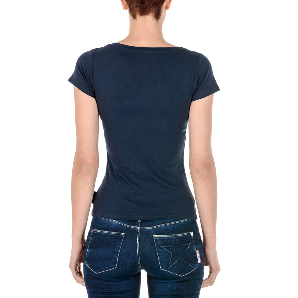 Camiseta Andrew Charles para mujer, manga corta, cuello en V, azul TAPIWA