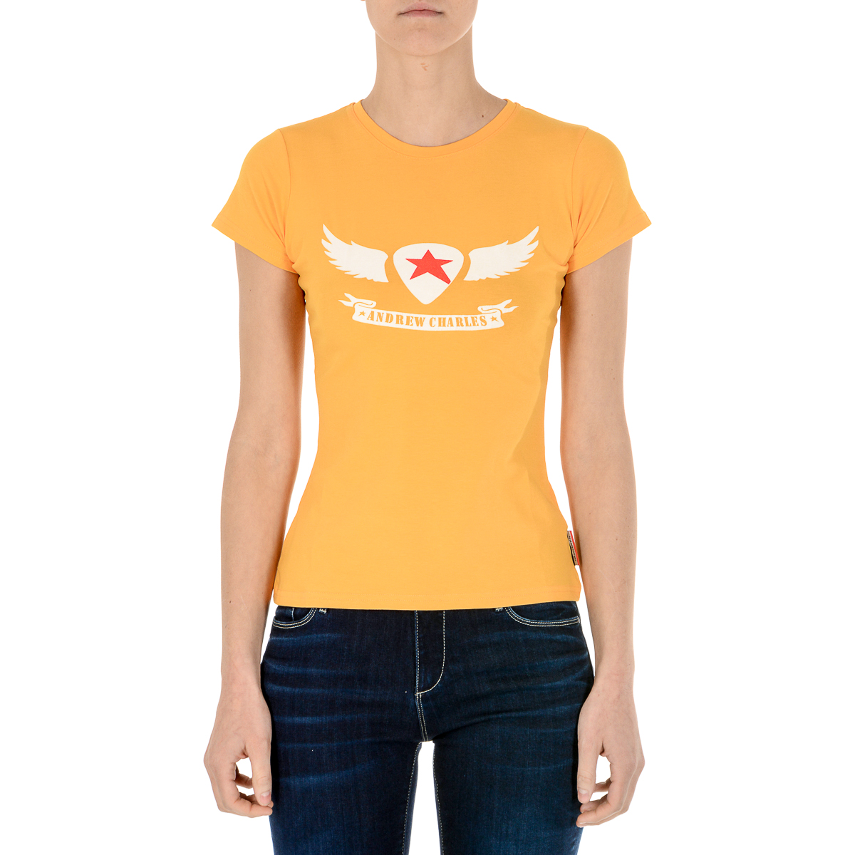 Camiseta Andrew Charles para mujer, manga corta, cuello redondo, amarilla, TARANA