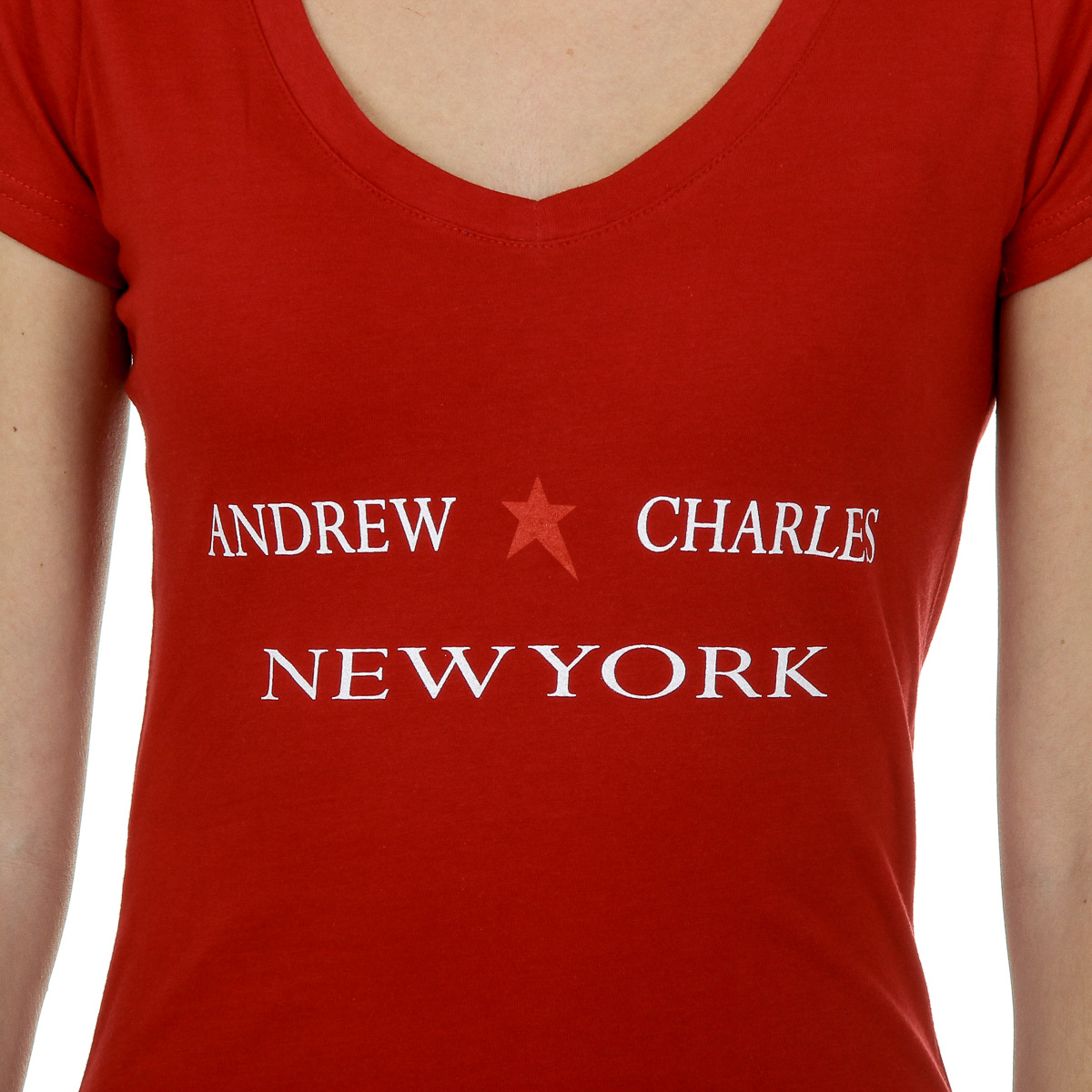 Camiseta Andrew Charles para mujer, manga corta, cuello en V, roja, TAPIWA