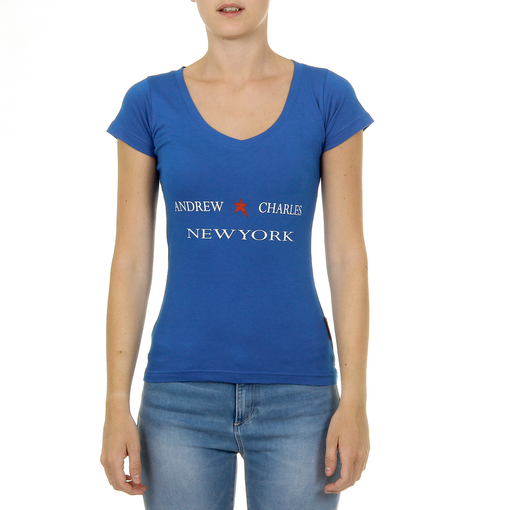 Camiseta Andrew Charles para mujer, manga corta, cuello en V, azul TAPIWA