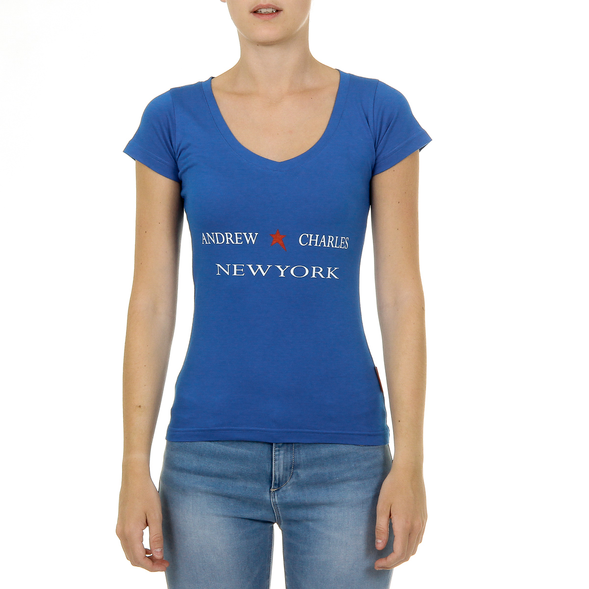 Camiseta Andrew Charles para mujer, manga corta, cuello en V, azul TAPIWA