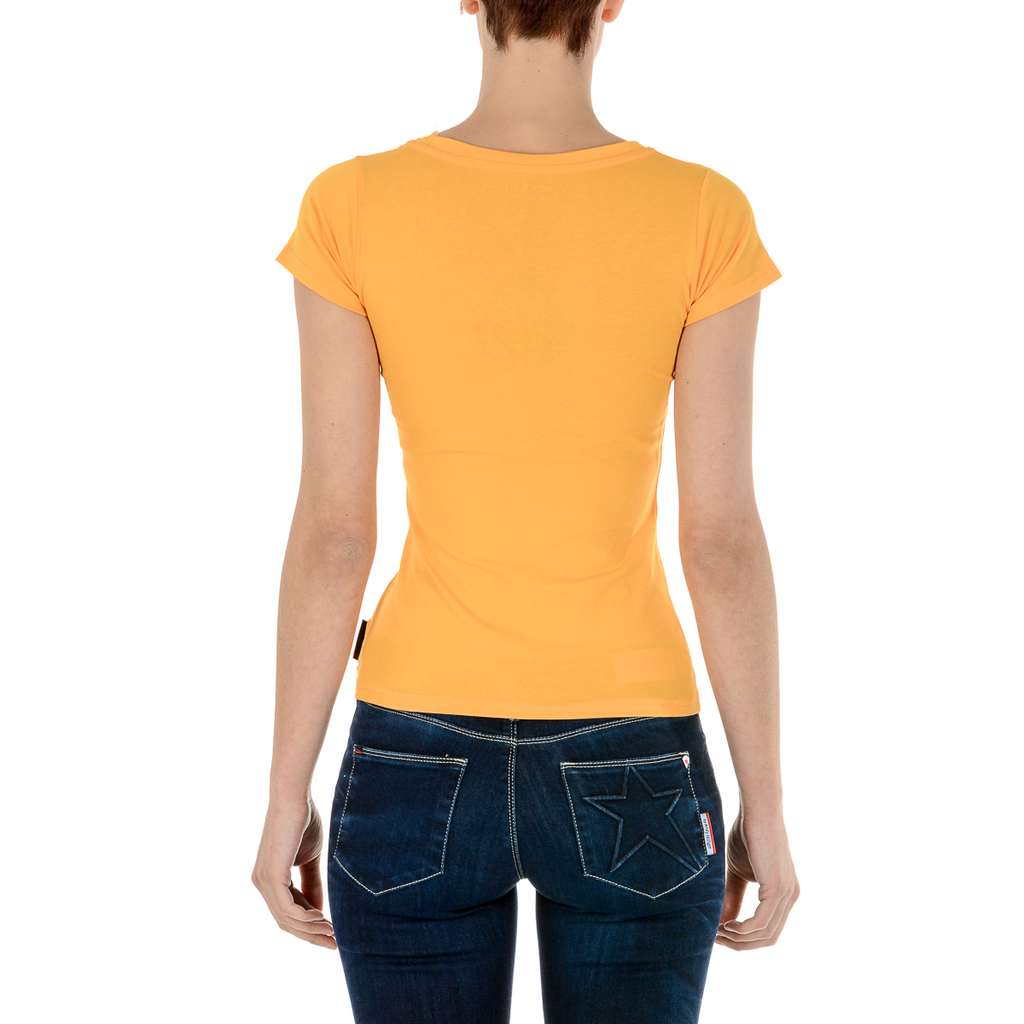 Camiseta Andrew Charles para mujer, manga corta, cuello en V, amarilla, TAPIWA