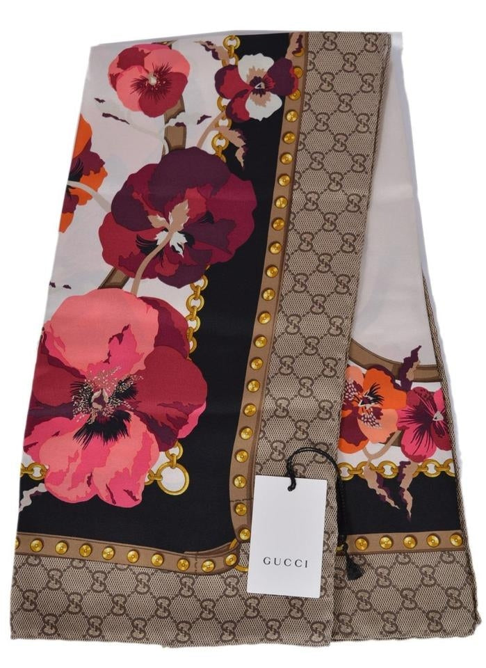 Pañuelo Gucci GG con estampado de monograma 100% seda, 90 x 90 cm, marrón multi