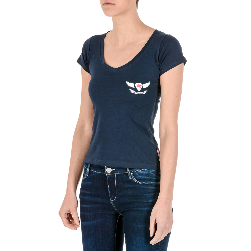 Camiseta Andrew Charles para mujer, manga corta, cuello en V, azul TAPIWA