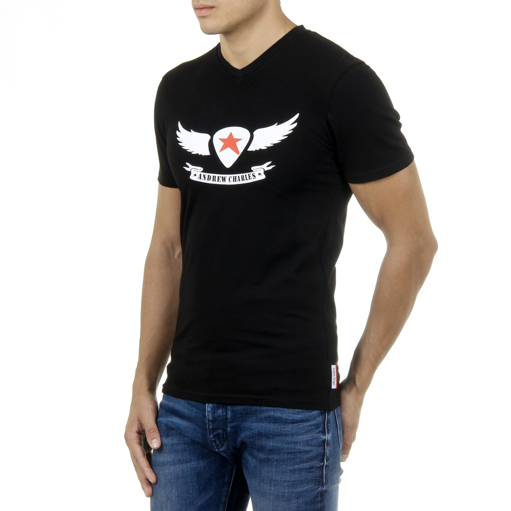 Camiseta Andrew Charles para hombre, manga corta, cuello en V, negra, KENAN