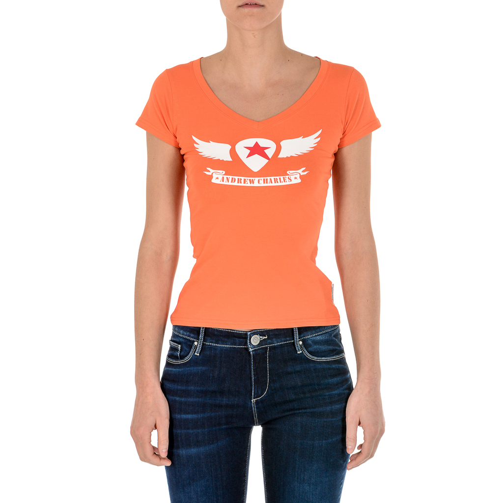 Camiseta Andrew Charles para mujer, manga corta, cuello en V, naranja, TAPIWA
