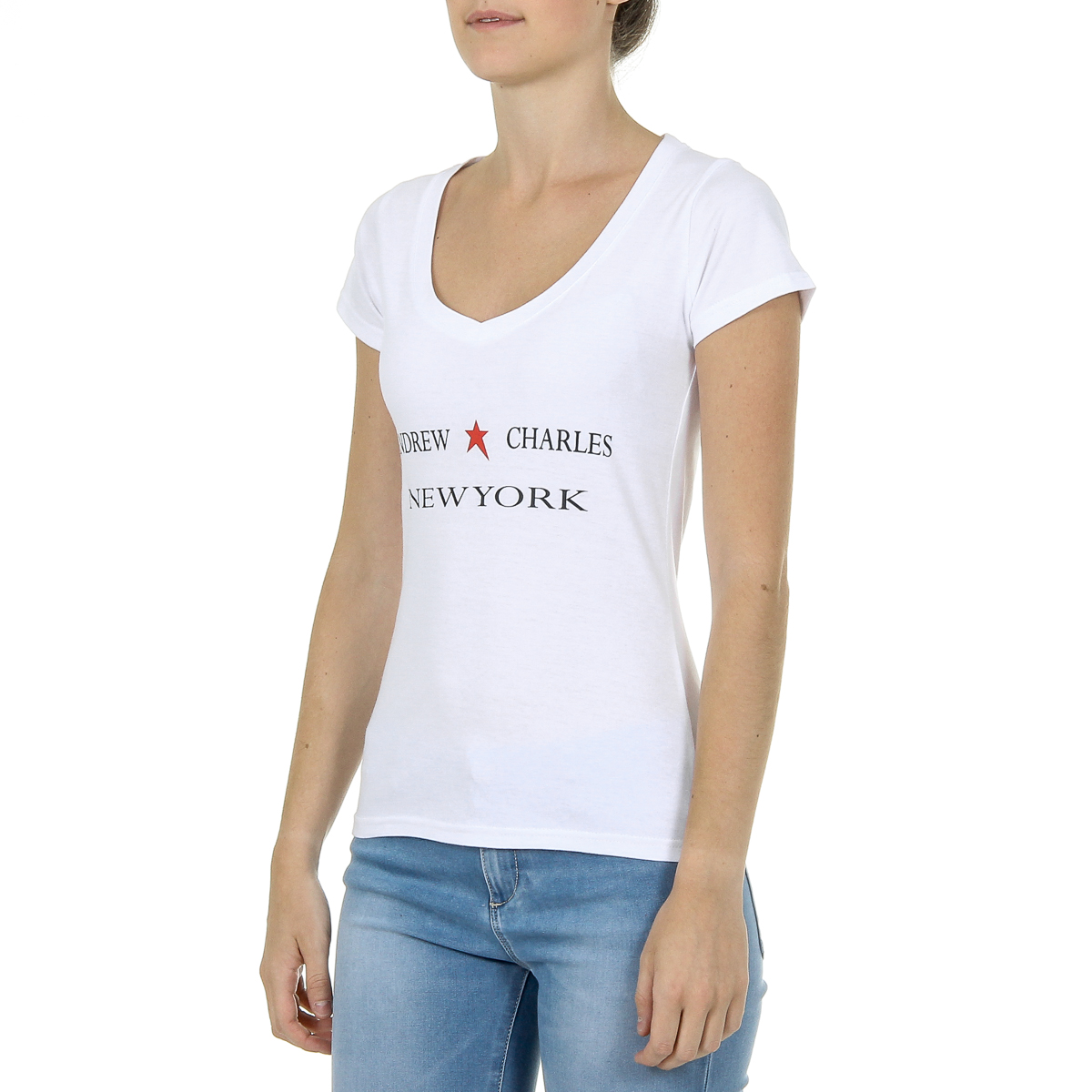 Camiseta Andrew Charles para mujer, manga corta, cuello en V, blanca, TAPIWA