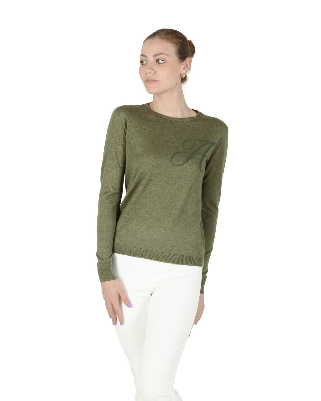 Jersey de cachemira de verano con cuello redondo y manga larga, color verde