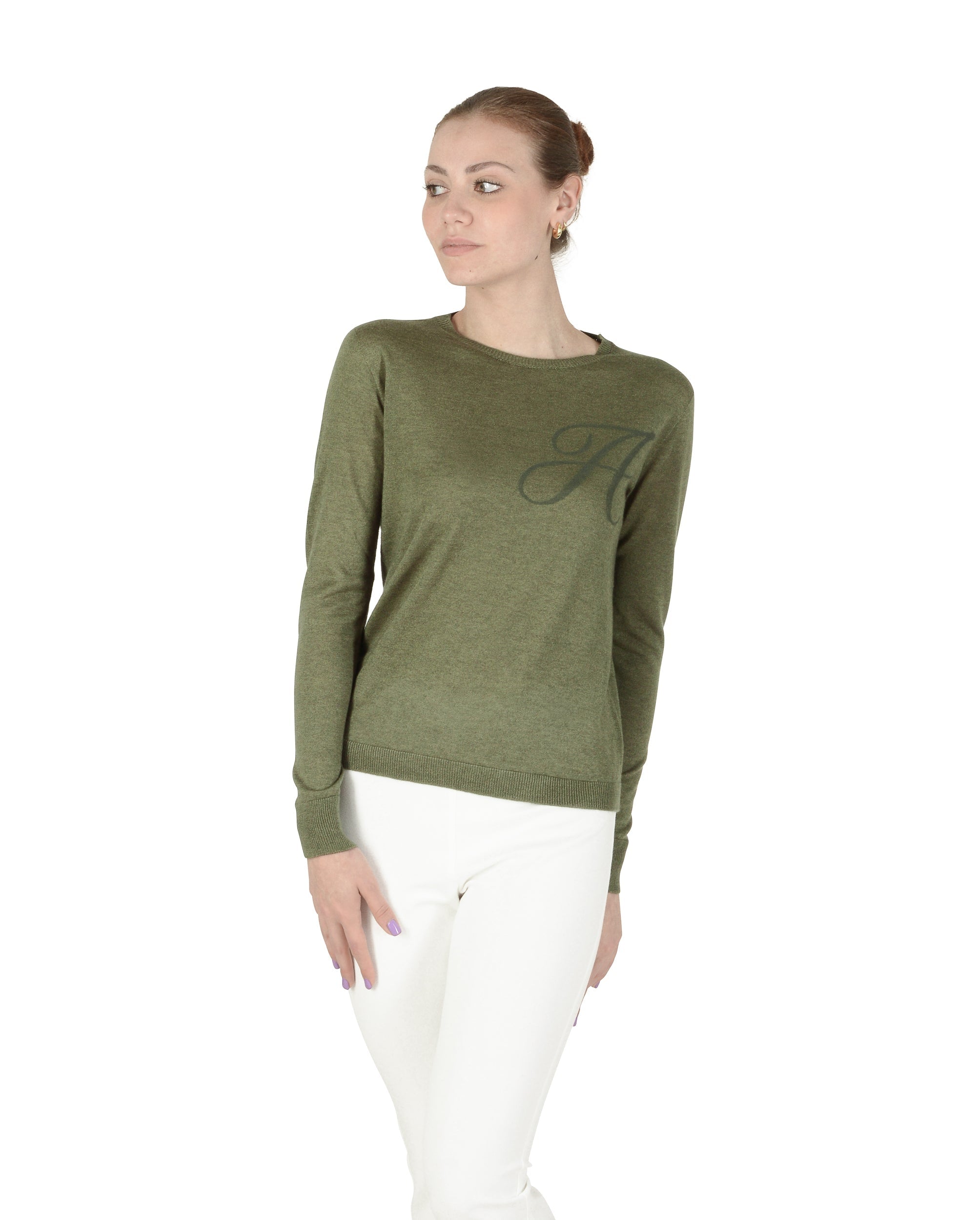 Jersey de cachemira de verano con cuello redondo y manga larga, color verde