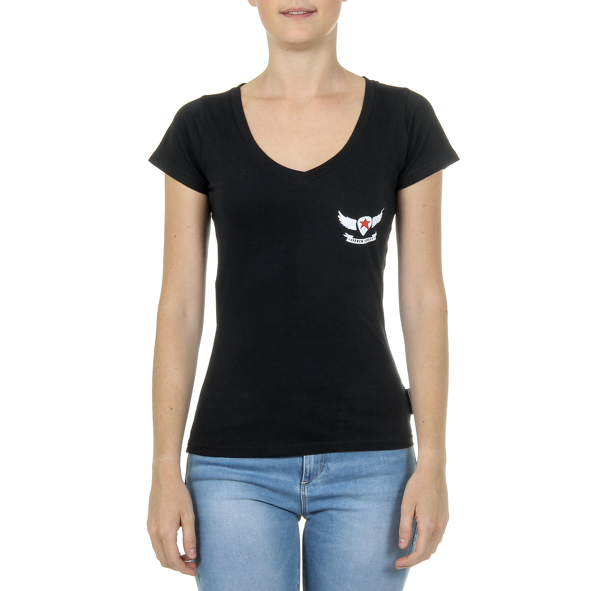 Camiseta Andrew Charles para mujer, manga corta, cuello en V, negra, TAPIWA