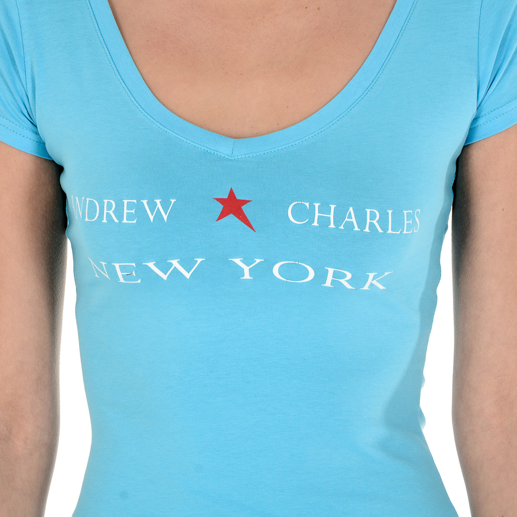 Camiseta Andrew Charles para mujer, manga corta, cuello en V, azul claro TAPIWA