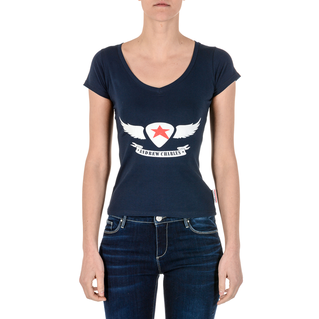 Camiseta Andrew Charles para mujer, manga corta, cuello en V, azul TAPIWA