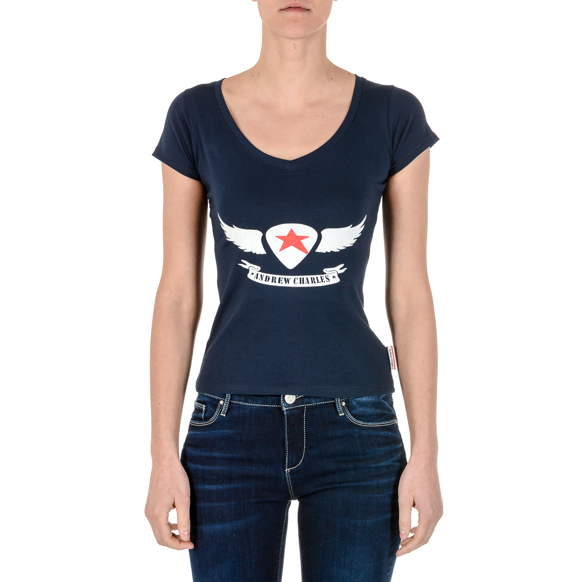 Camiseta Andrew Charles para mujer, manga corta, cuello en V, azul TAPIWA