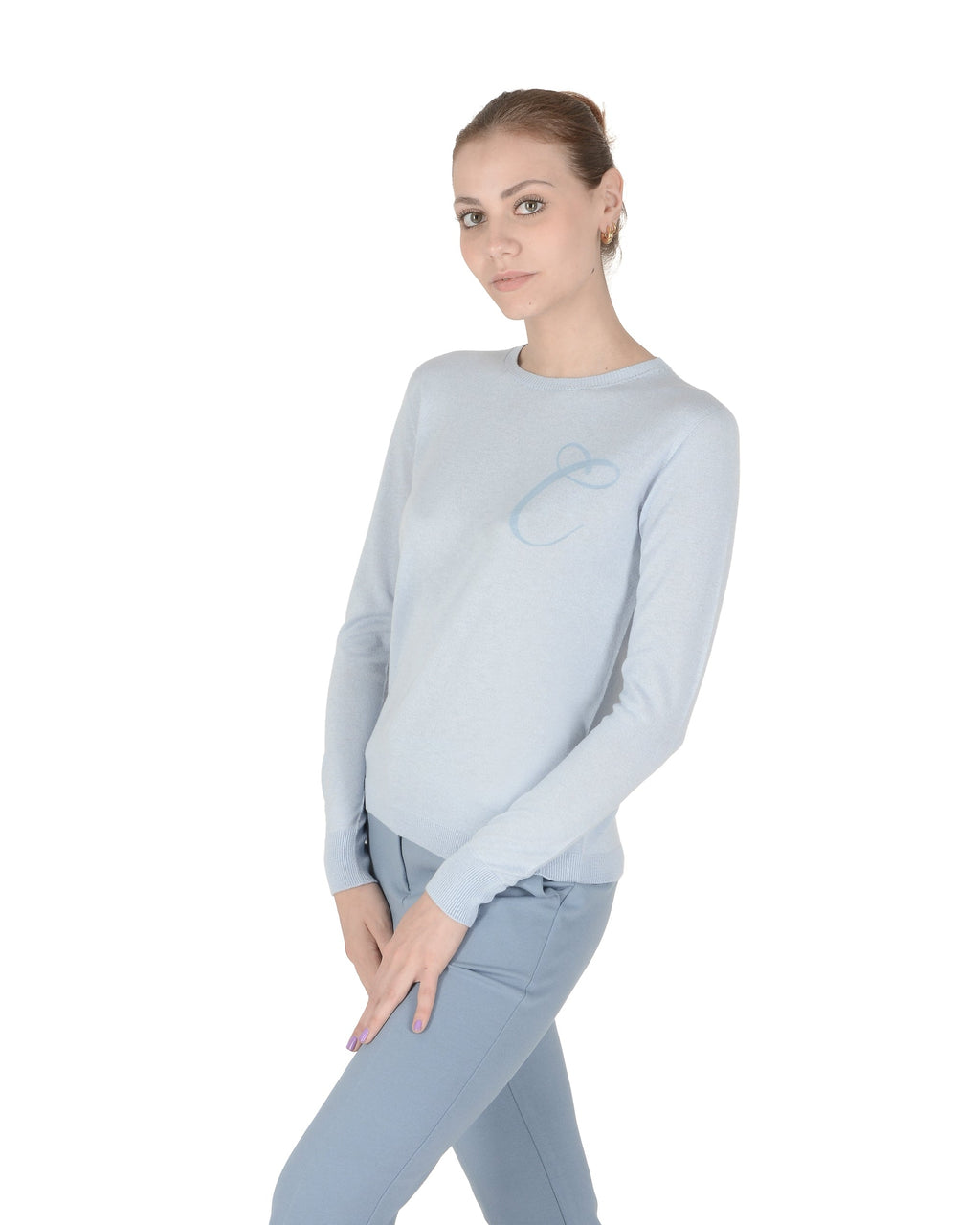 Jersey de cachemira de verano con cuello redondo y manga larga, azul claro