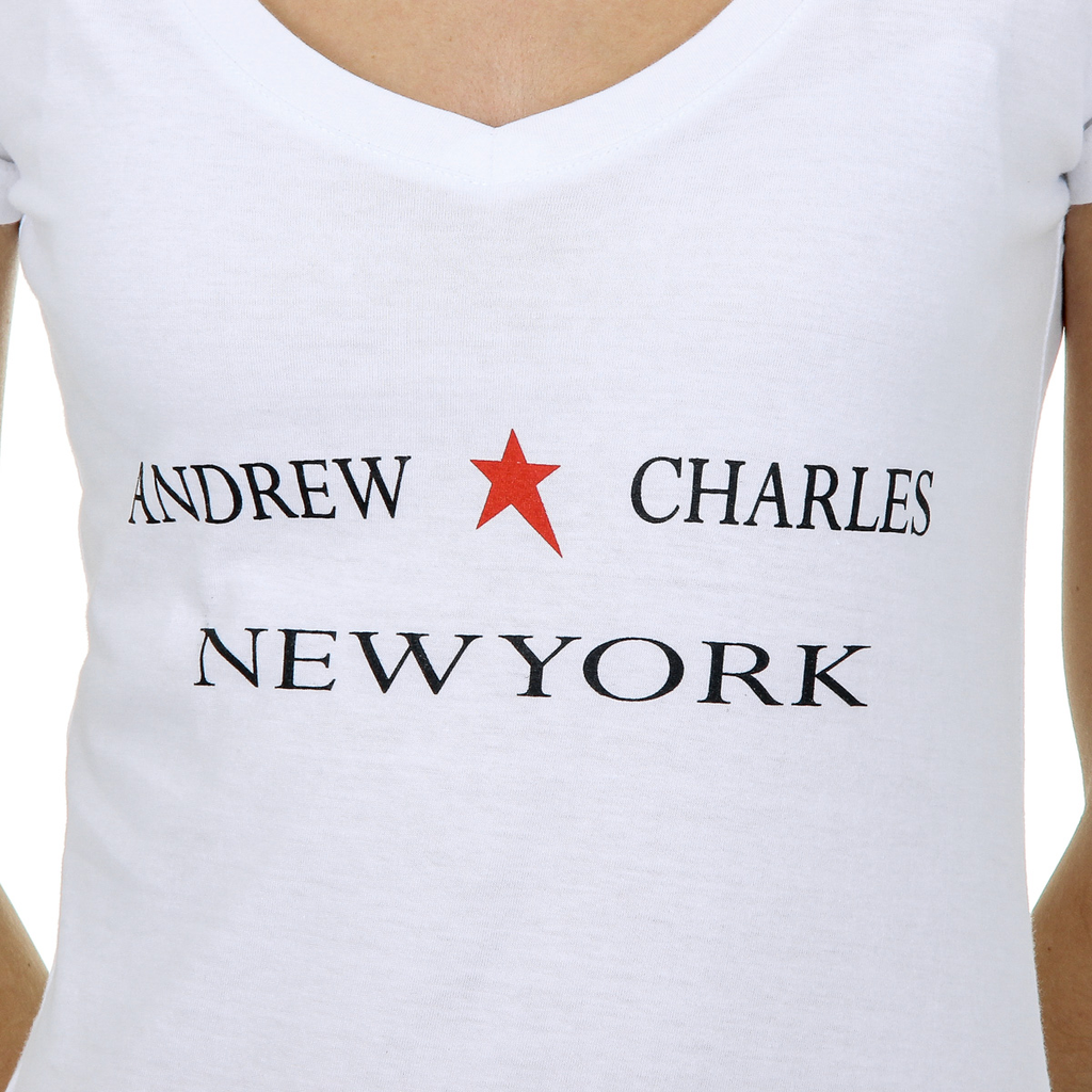 Camiseta Andrew Charles para mujer, manga corta, cuello en V, blanca, TAPIWA