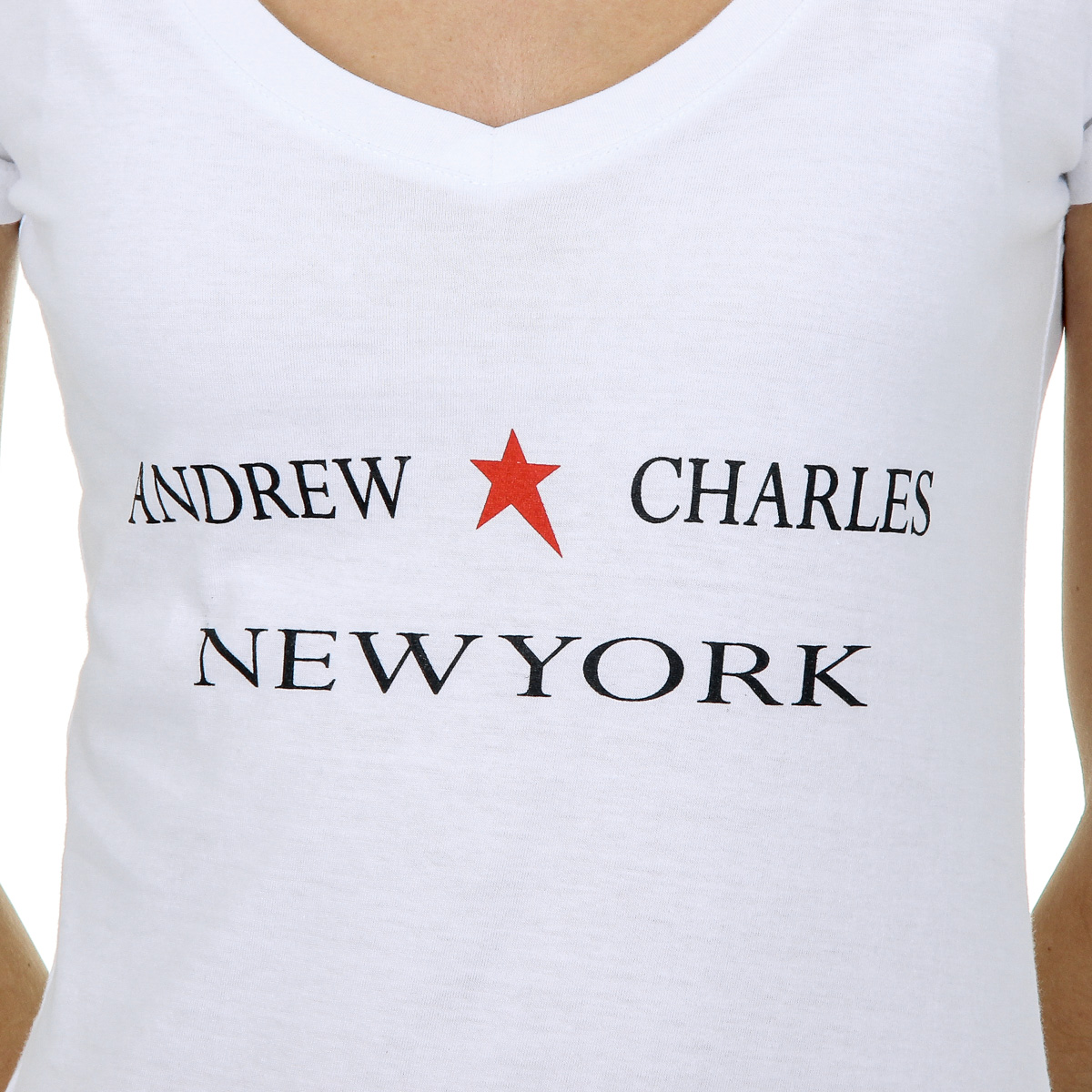Camiseta Andrew Charles para mujer, manga corta, cuello en V, blanca, TAPIWA