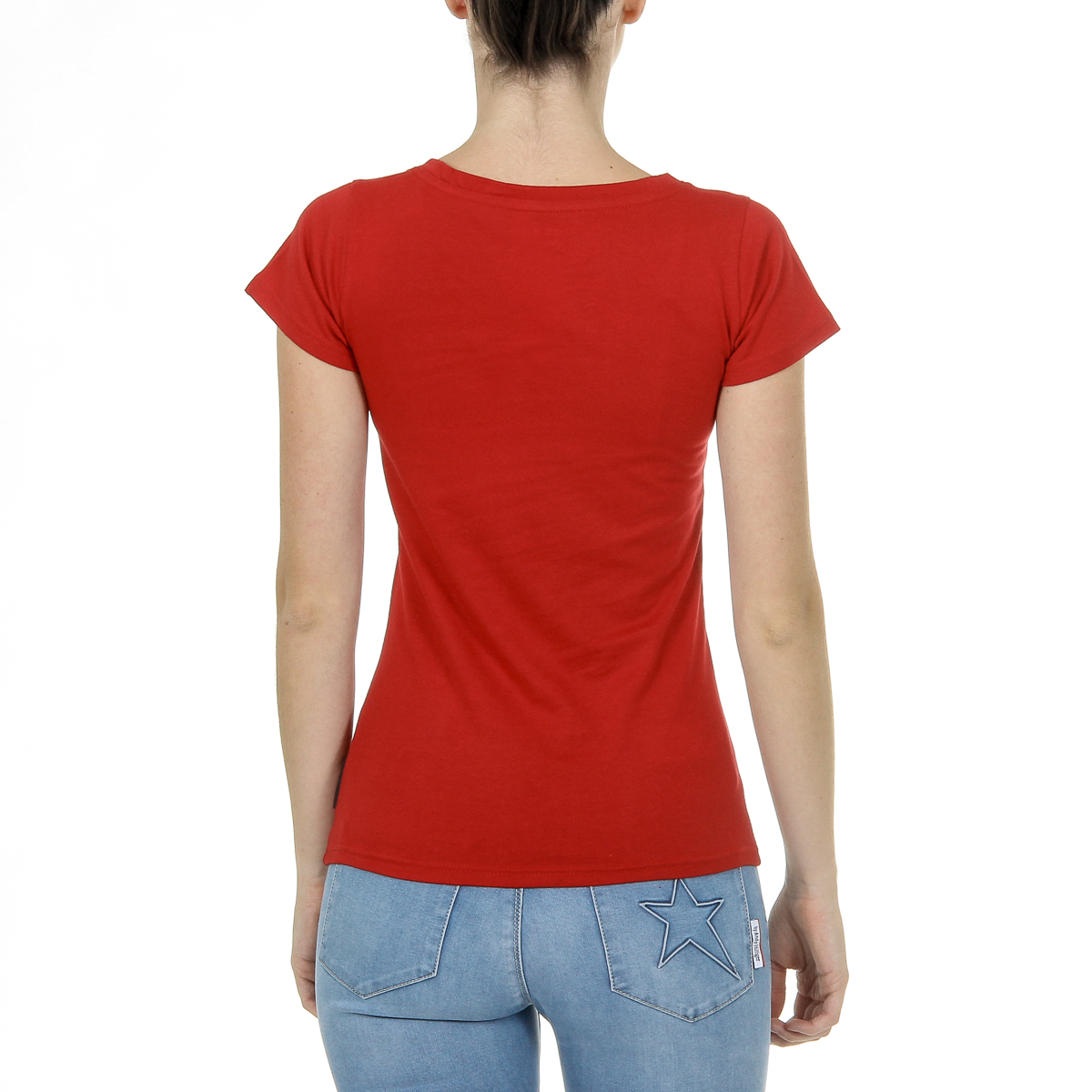 Camiseta Andrew Charles para mujer, manga corta, cuello en V, roja, TAPIWA