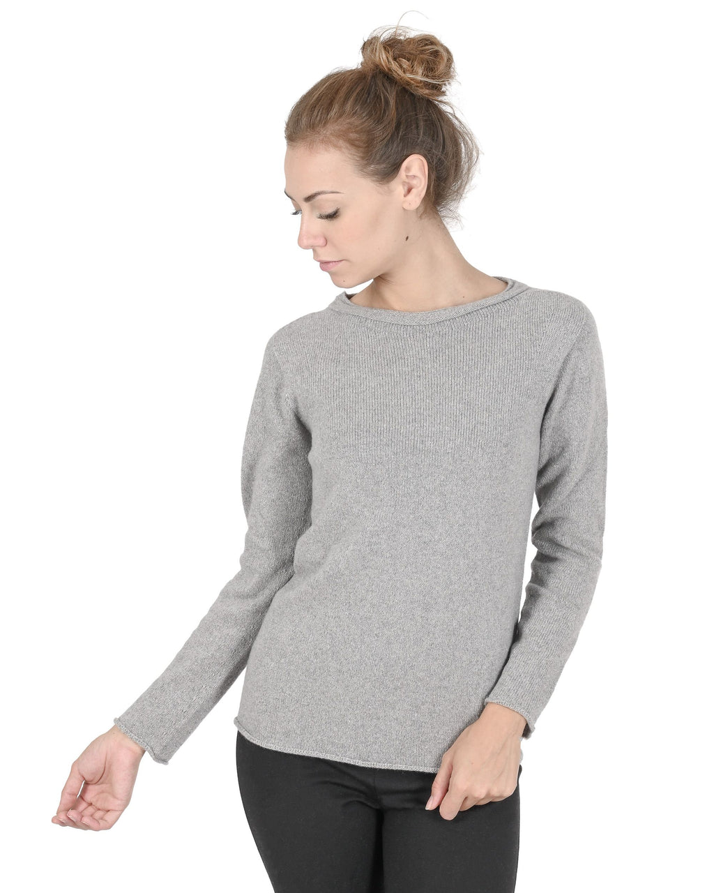 Suéter de cuello barco para mujer de cachemira Crown of Edinburgh COE 0015 GRIS
