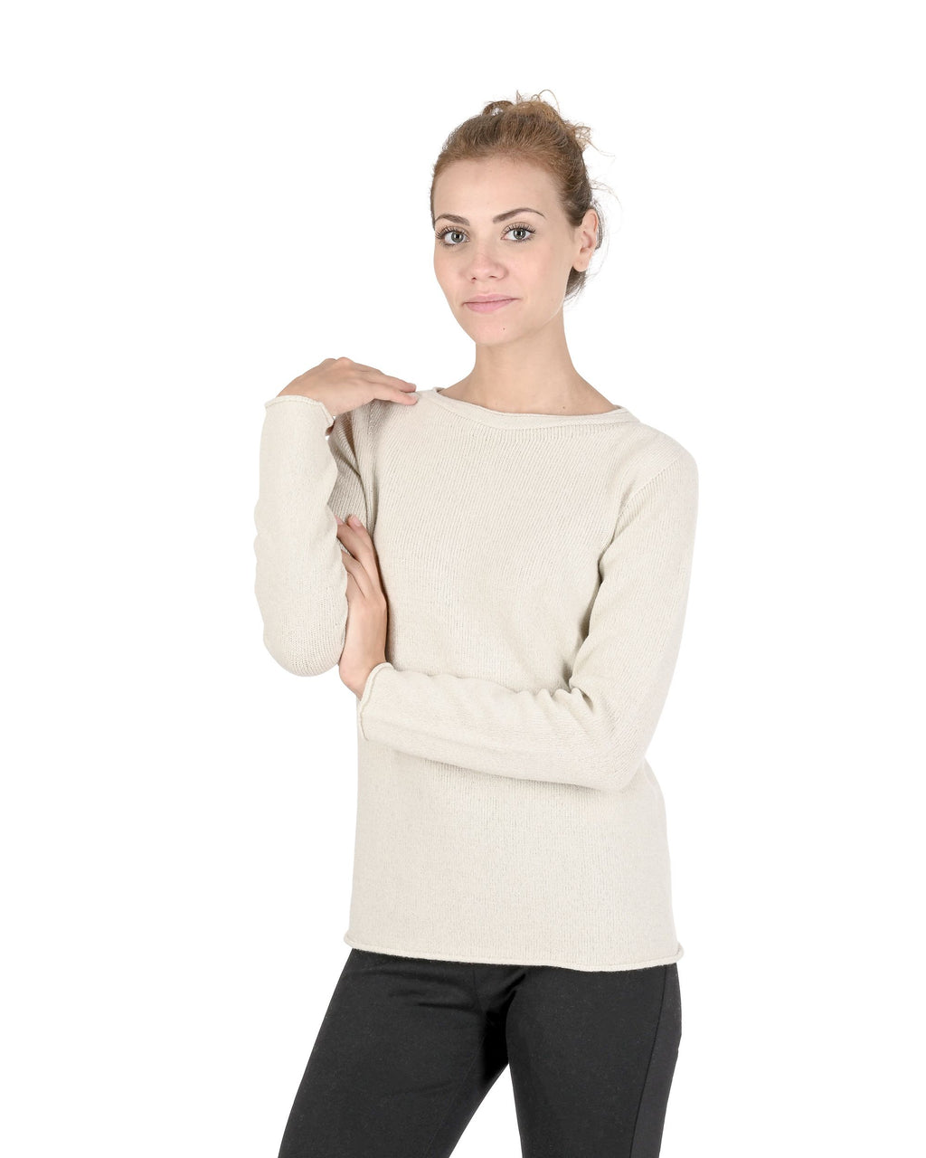 Suéter de cuello barco para mujer de cachemira Crown of Edinburgh COE 0015 CREMA
