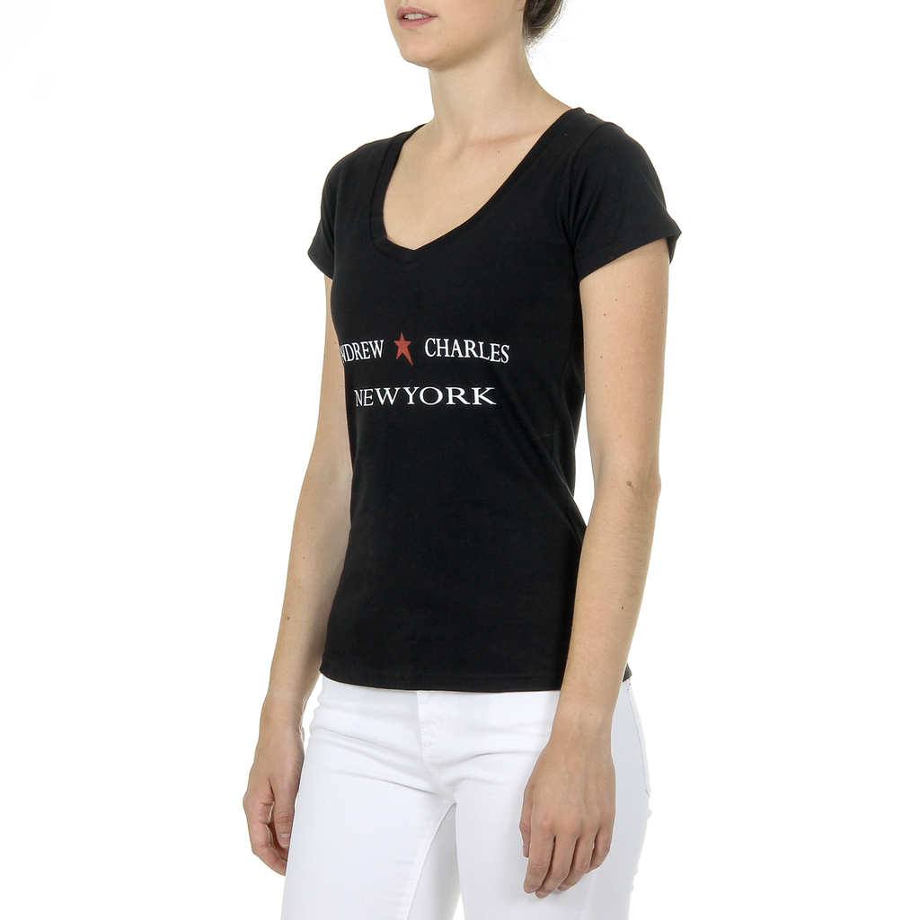 Camiseta Andrew Charles para mujer, manga corta, cuello en V, negra, TAPIWA