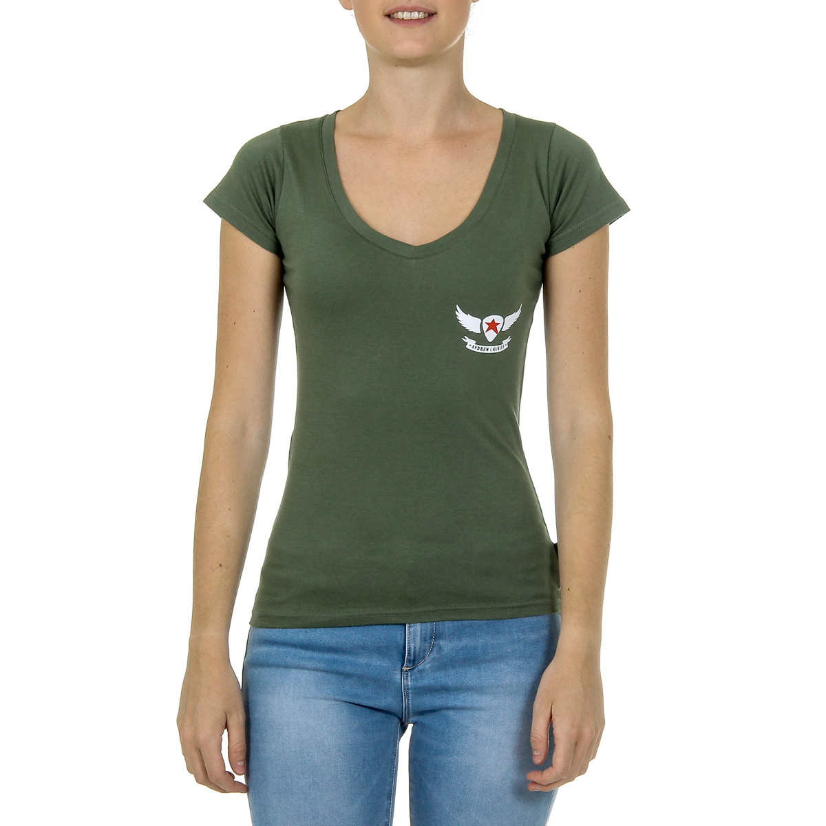 Camiseta Andrew Charles para mujer, manga corta, cuello en V, verde TAPIWA