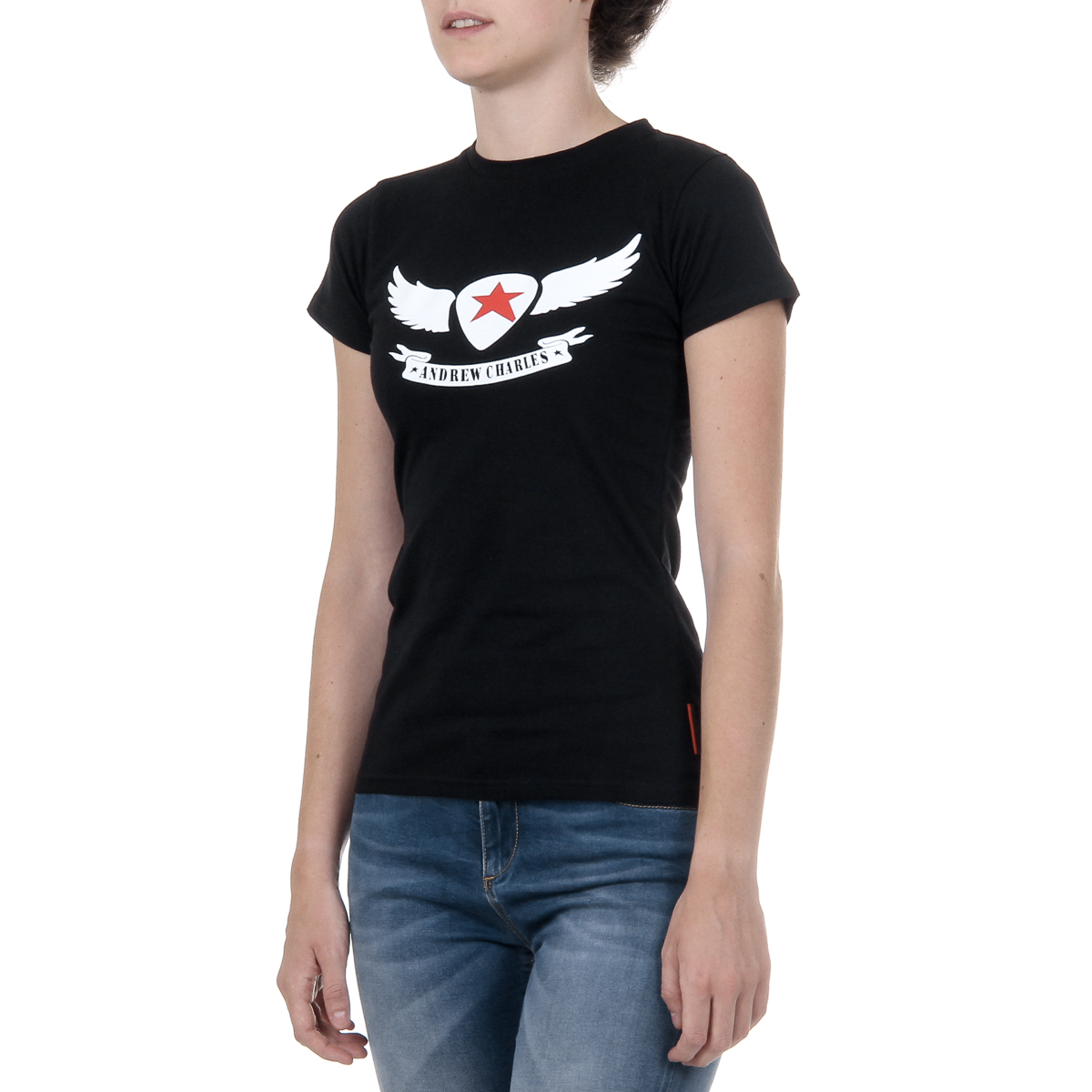 Camiseta Andrew Charles para mujer, manga corta, cuello redondo, color negro TARANA
