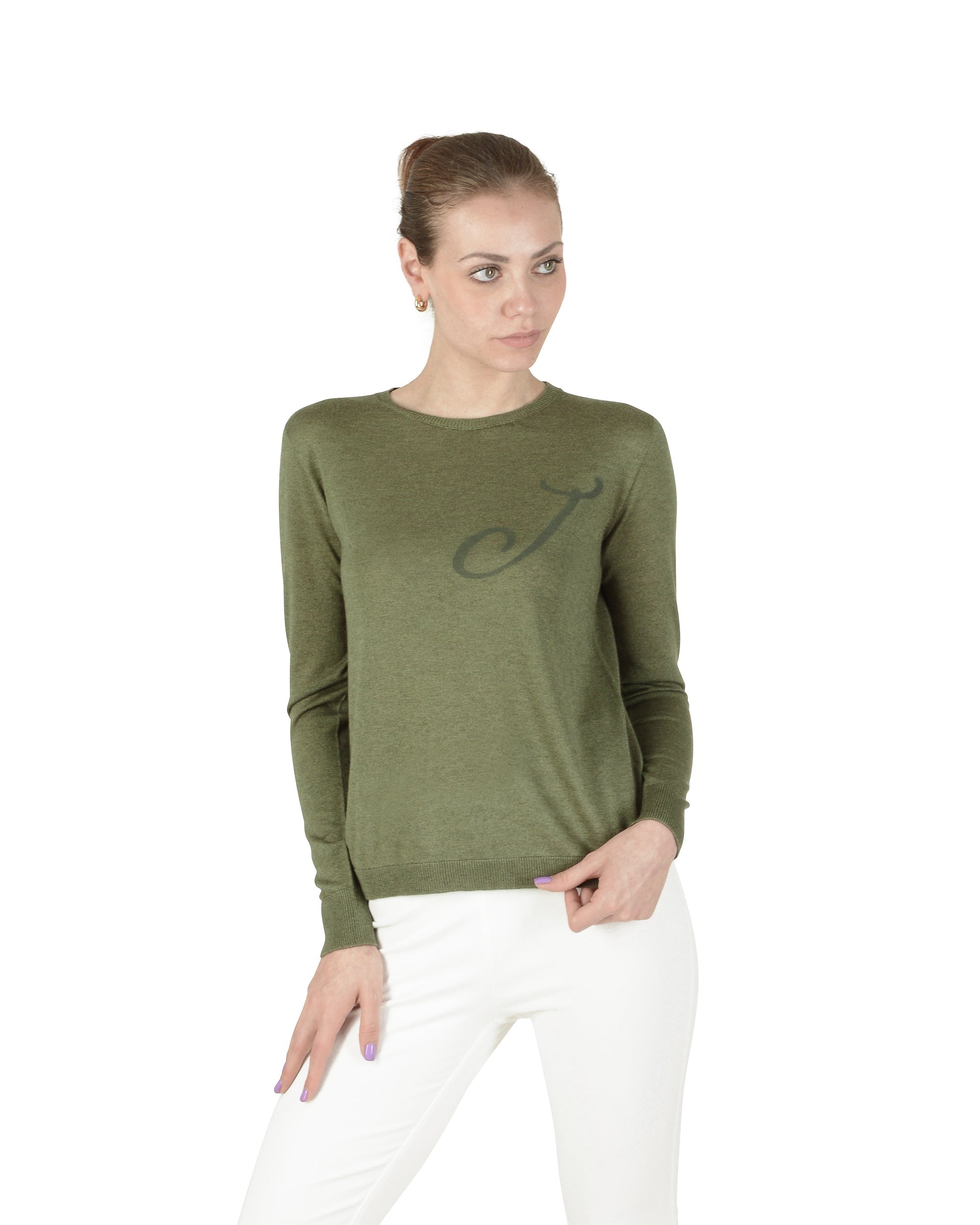 Jersey de cachemira de verano con cuello redondo y manga larga, color verde