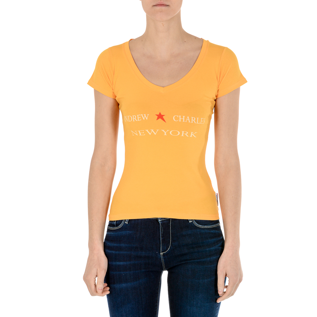 Camiseta Andrew Charles para mujer, manga corta, cuello en V, amarilla, TAPIWA