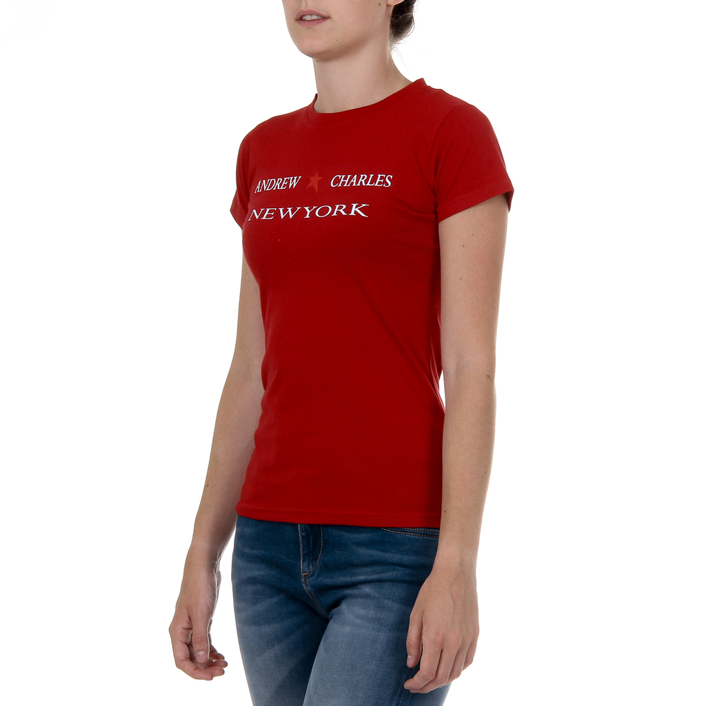Camiseta Andrew Charles para mujer, manga corta, cuello redondo, color rojo TARANA