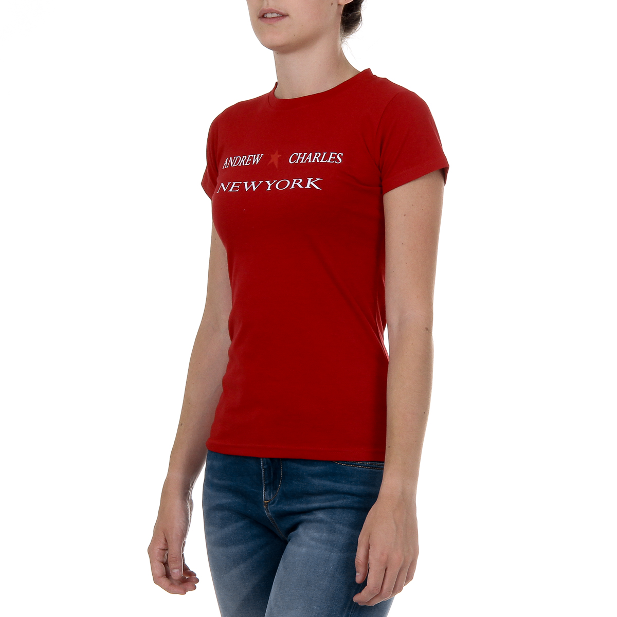 Camiseta Andrew Charles para mujer, manga corta, cuello redondo, color rojo TARANA