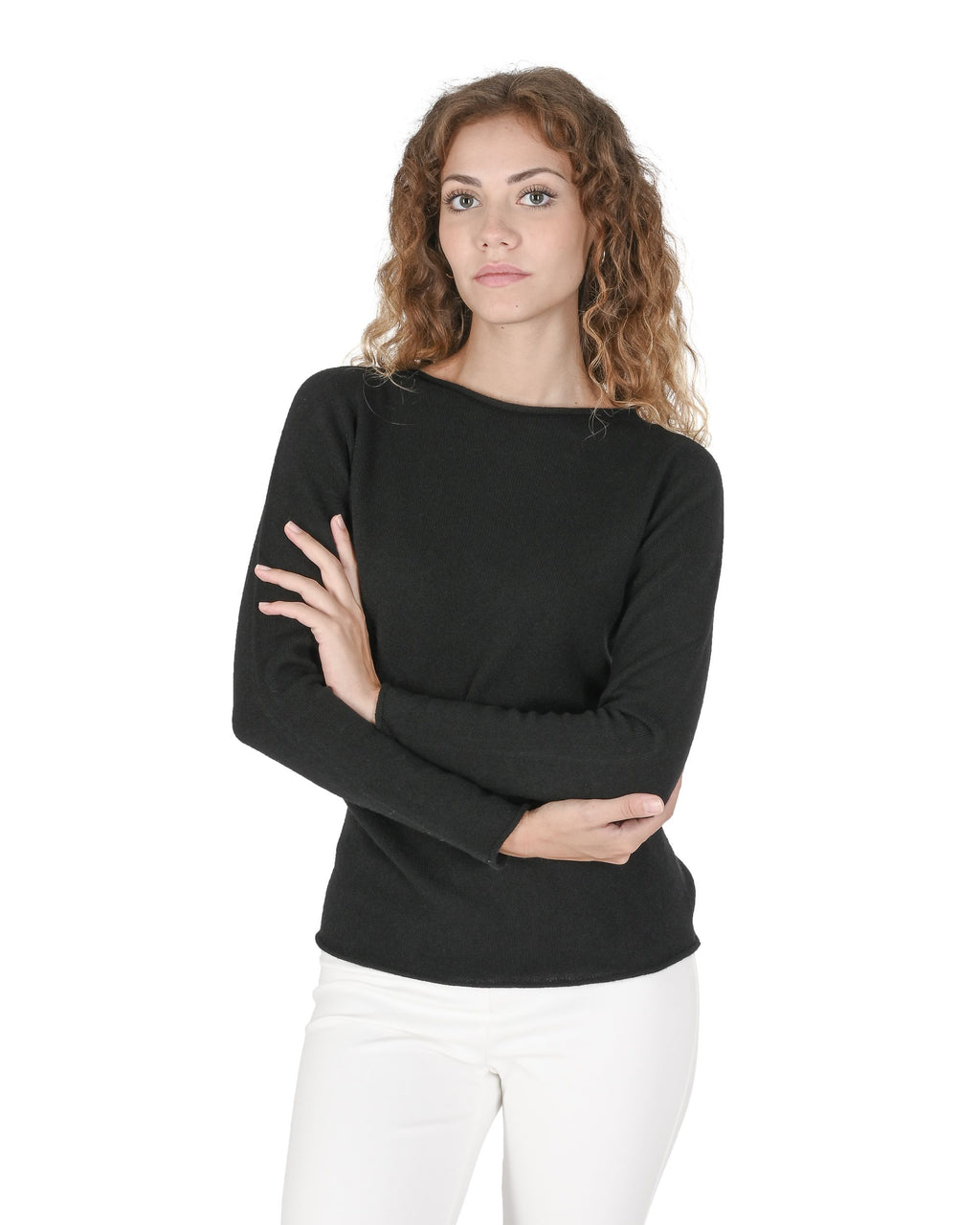 Suéter de cuello barco para mujer de cachemira Crown of Edinburgh COE 0025 NEGRO