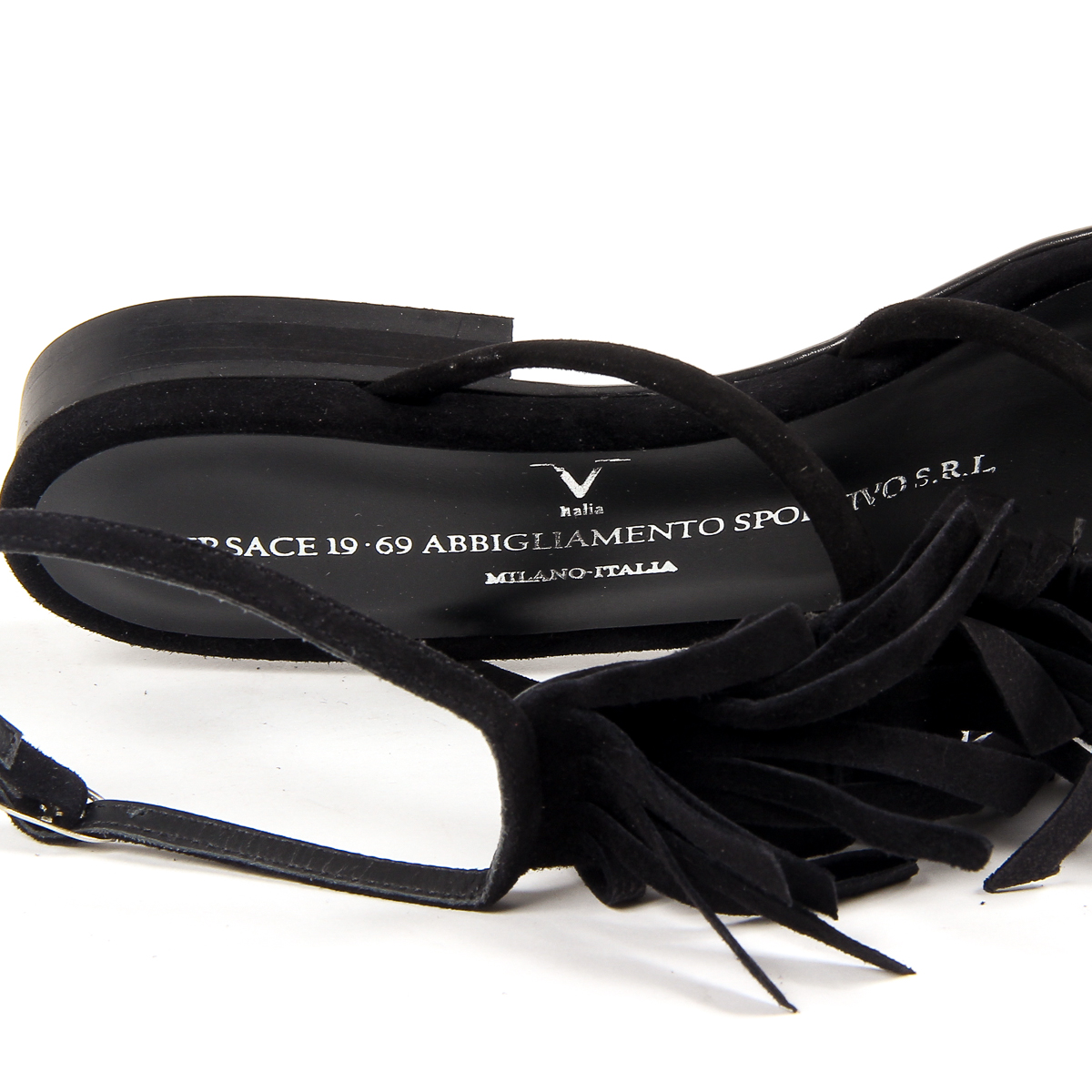 Sandalia plana V 1969 Italia para mujer, color negro, RIA