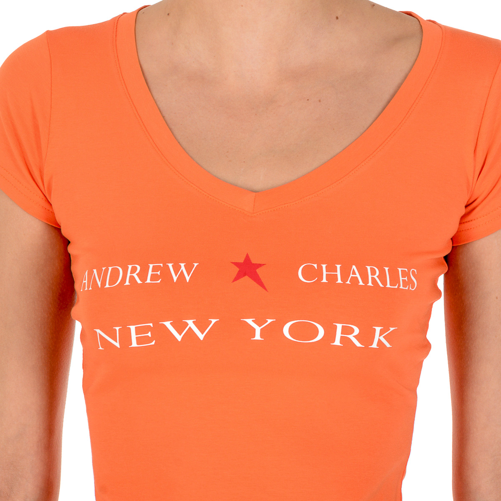 Camiseta Andrew Charles para mujer, manga corta, cuello en V, naranja, TAPIWA