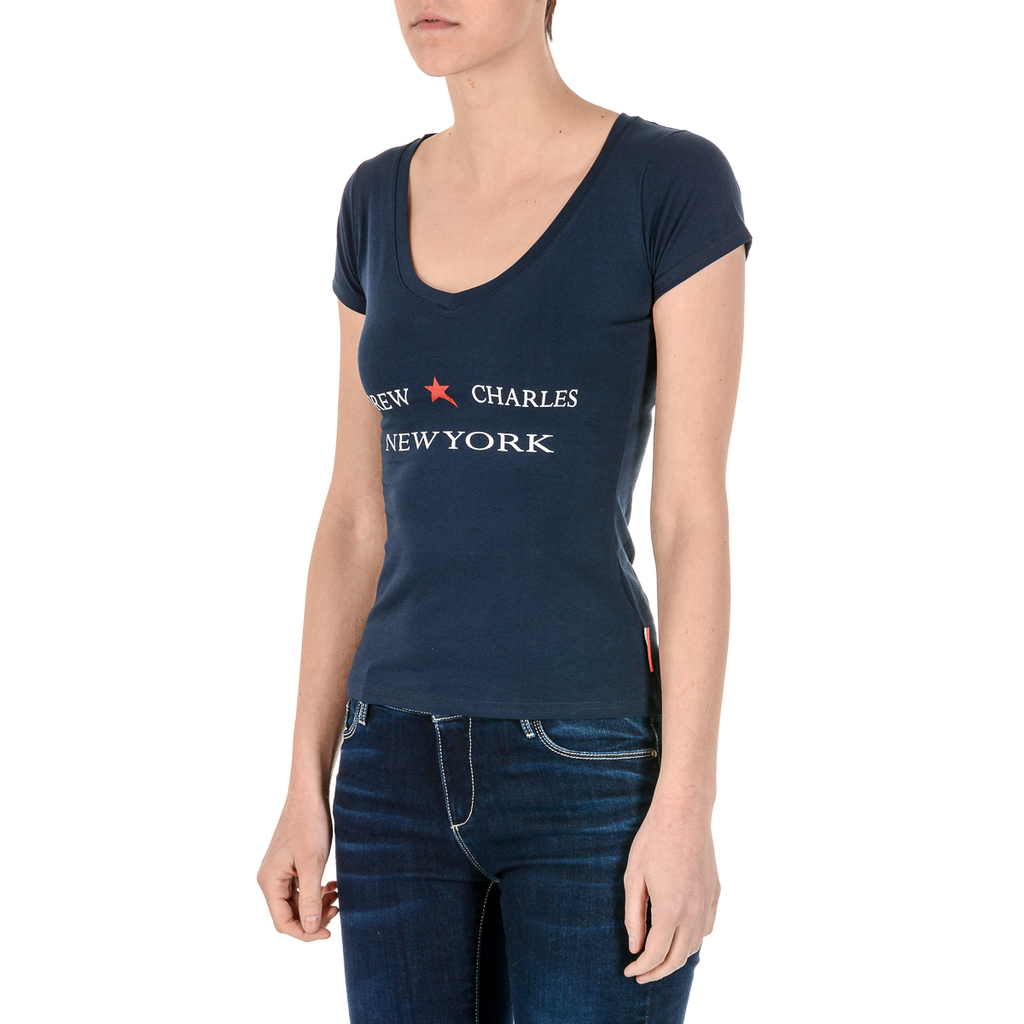 Camiseta Andrew Charles para mujer, manga corta, cuello en V, azul TAPIWA