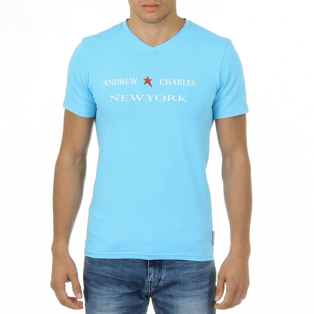 Camiseta Andrew Charles para hombre, manga corta, cuello en V, azul claro, KENAN
