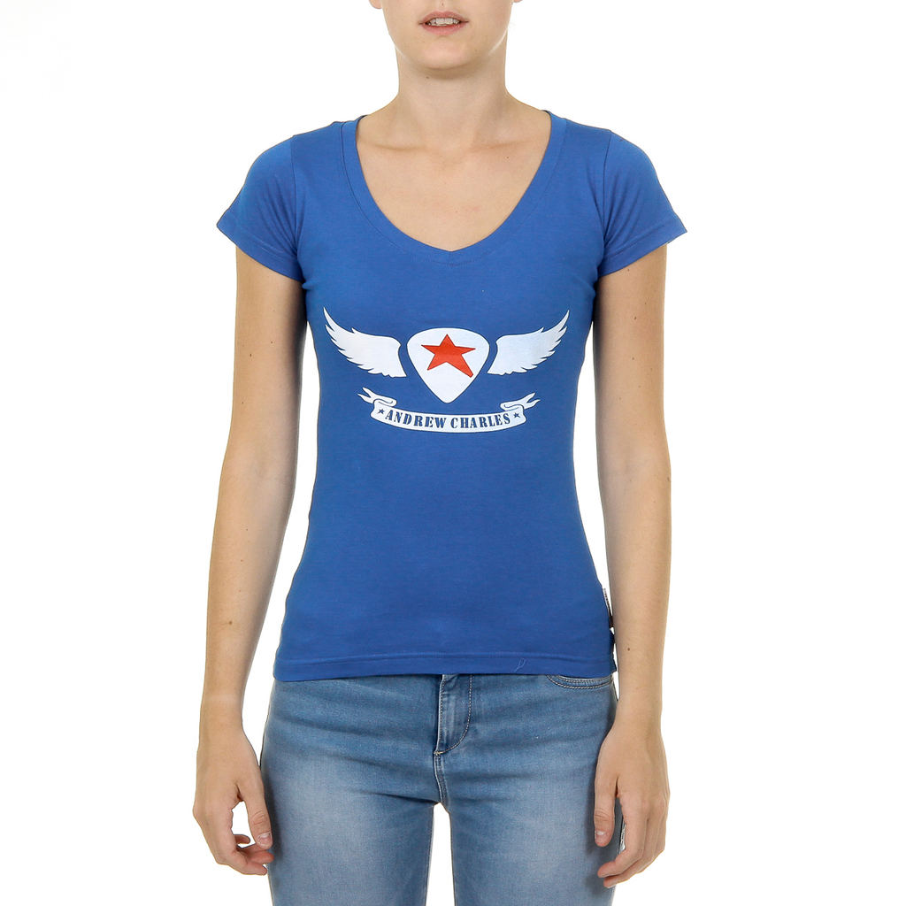Camiseta Andrew Charles para mujer, manga corta, cuello en V, azul TAPIWA