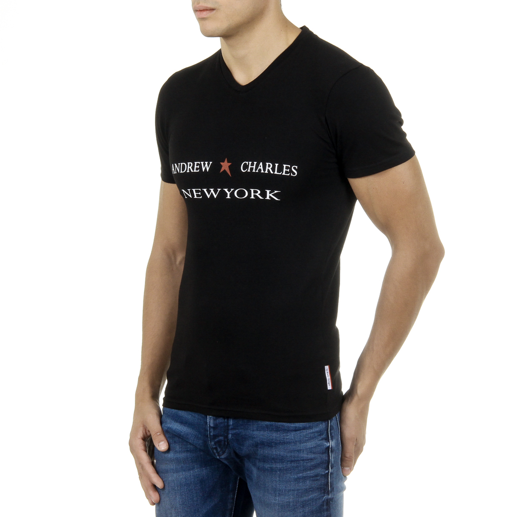 Camiseta Andrew Charles para hombre, manga corta, cuello en V, negra, KENAN