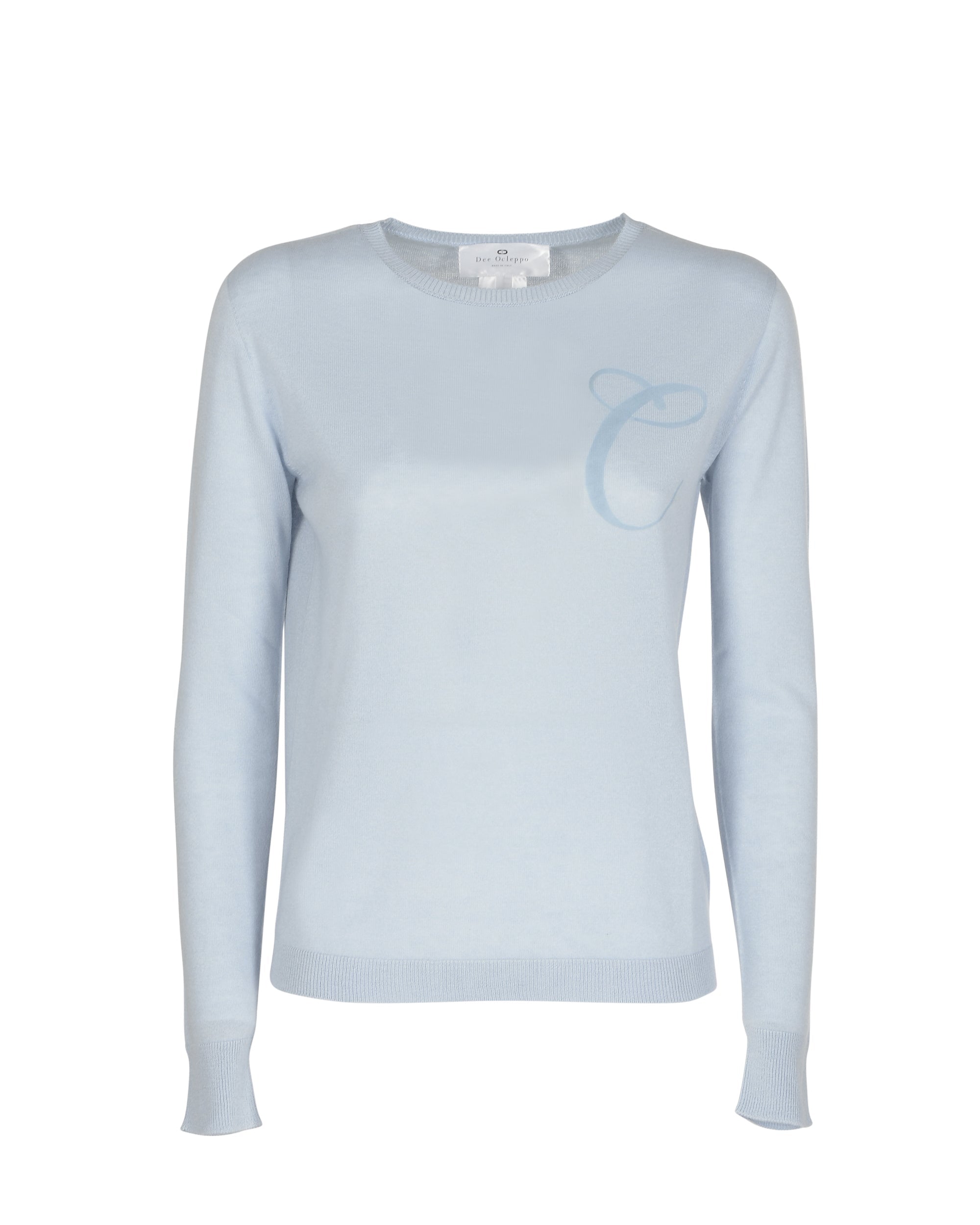 Jersey de cachemira de verano con cuello redondo y manga larga, azul claro