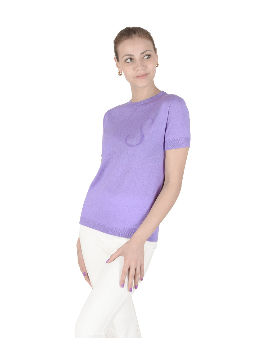Jersey de cachemira de verano con cuello redondo y manga corta, color lila