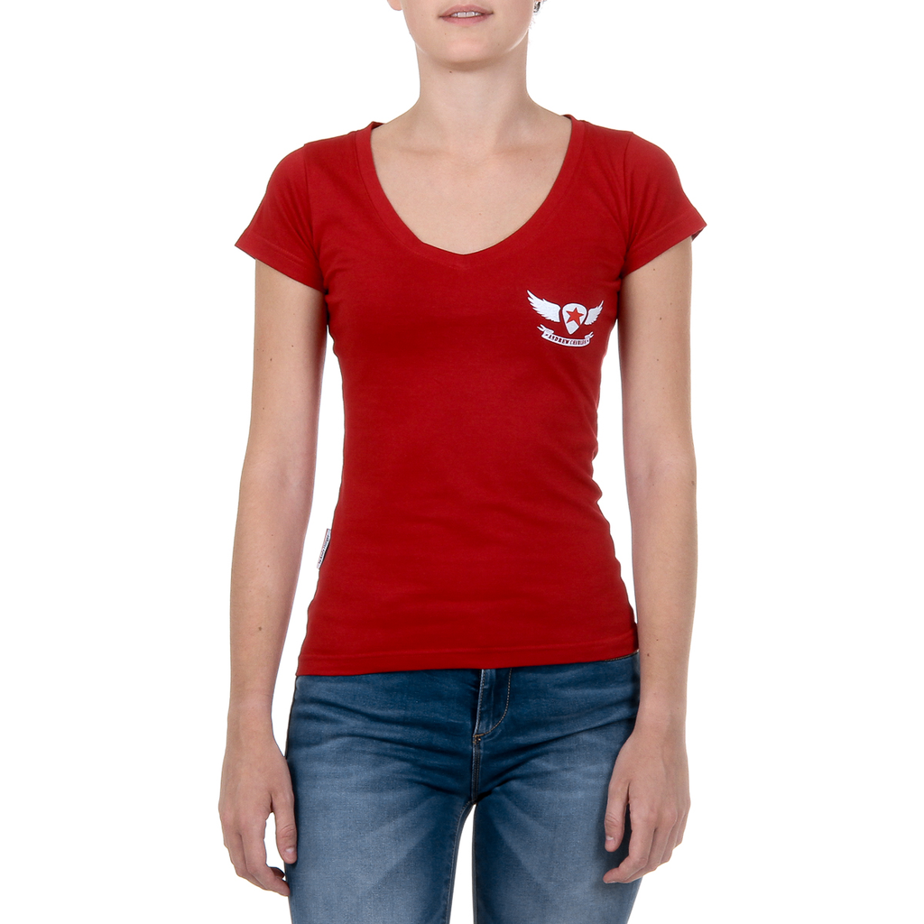 Camiseta Andrew Charles para mujer, manga corta, cuello en V, roja, TAPIWA