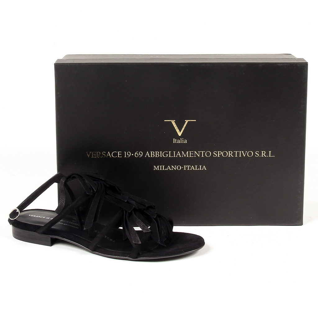 Sandalia plana V 1969 Italia para mujer, color negro, RIA