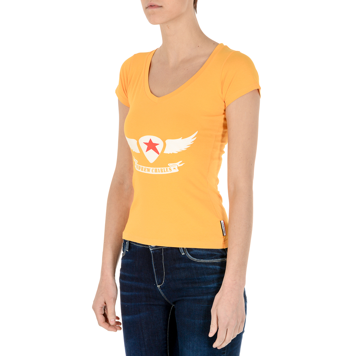 Camiseta Andrew Charles para mujer, manga corta, cuello en V, amarilla, TAPIWA